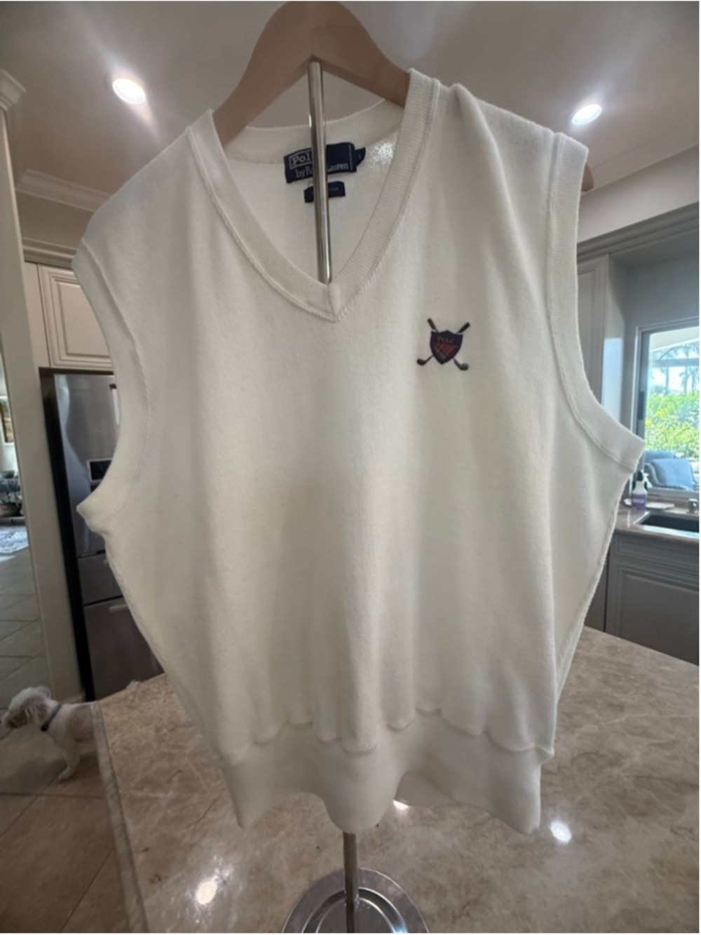 Men's Polo by Ralph Lauren V-Neck Sweater Vest L White with Red plaid golf Logo